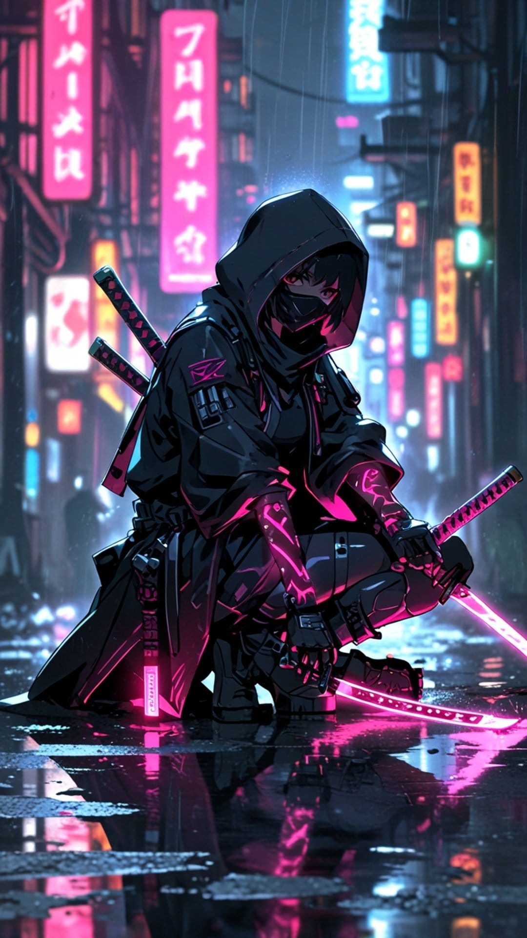 Hooded ninja crouches on a wet city street holding a glowing blue katana amidst pink neon lights and falling rain.