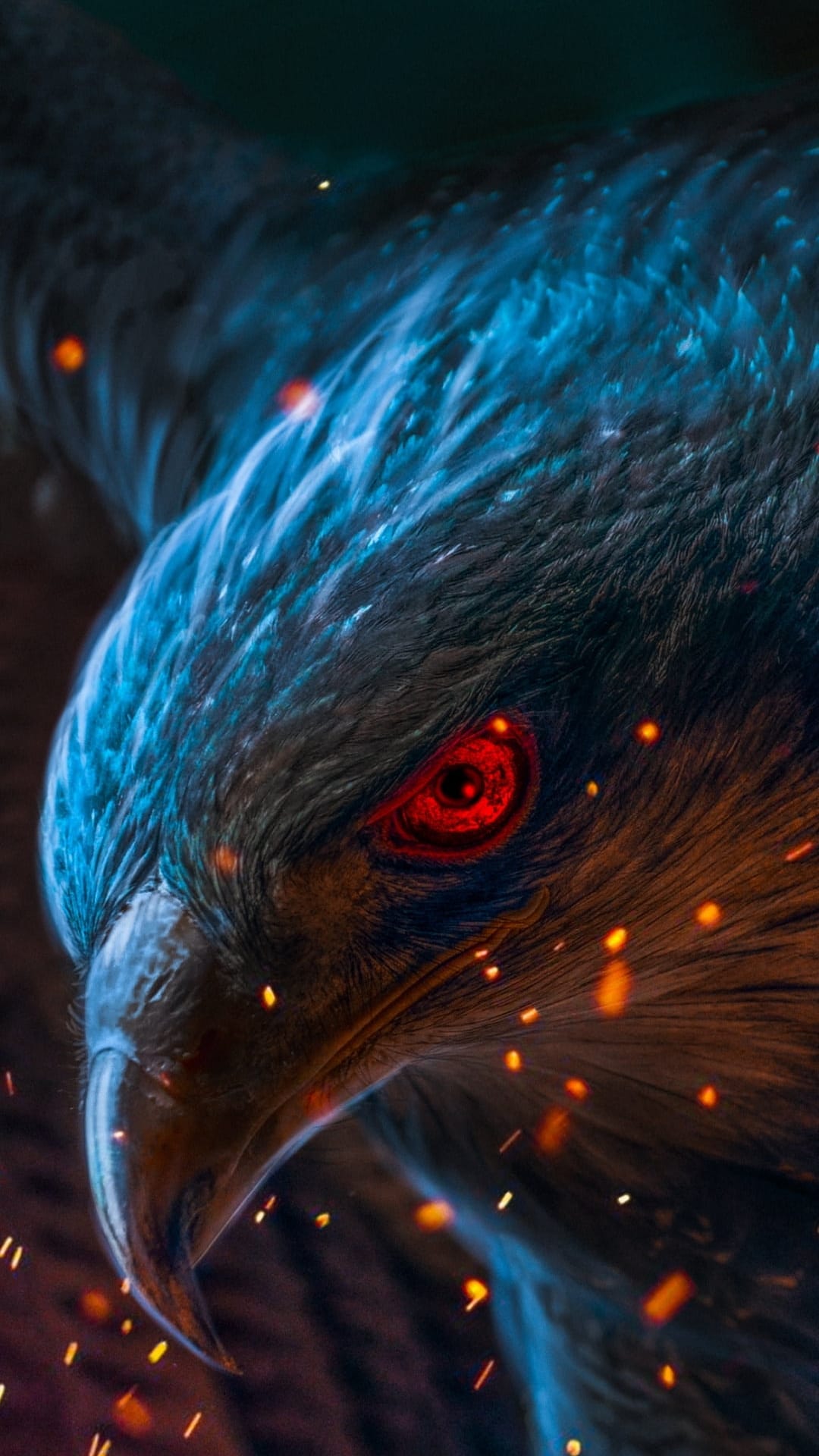 Eagle with glowing red eyes and blue plumage amidst orange sparks, framed for a vertical phone display.