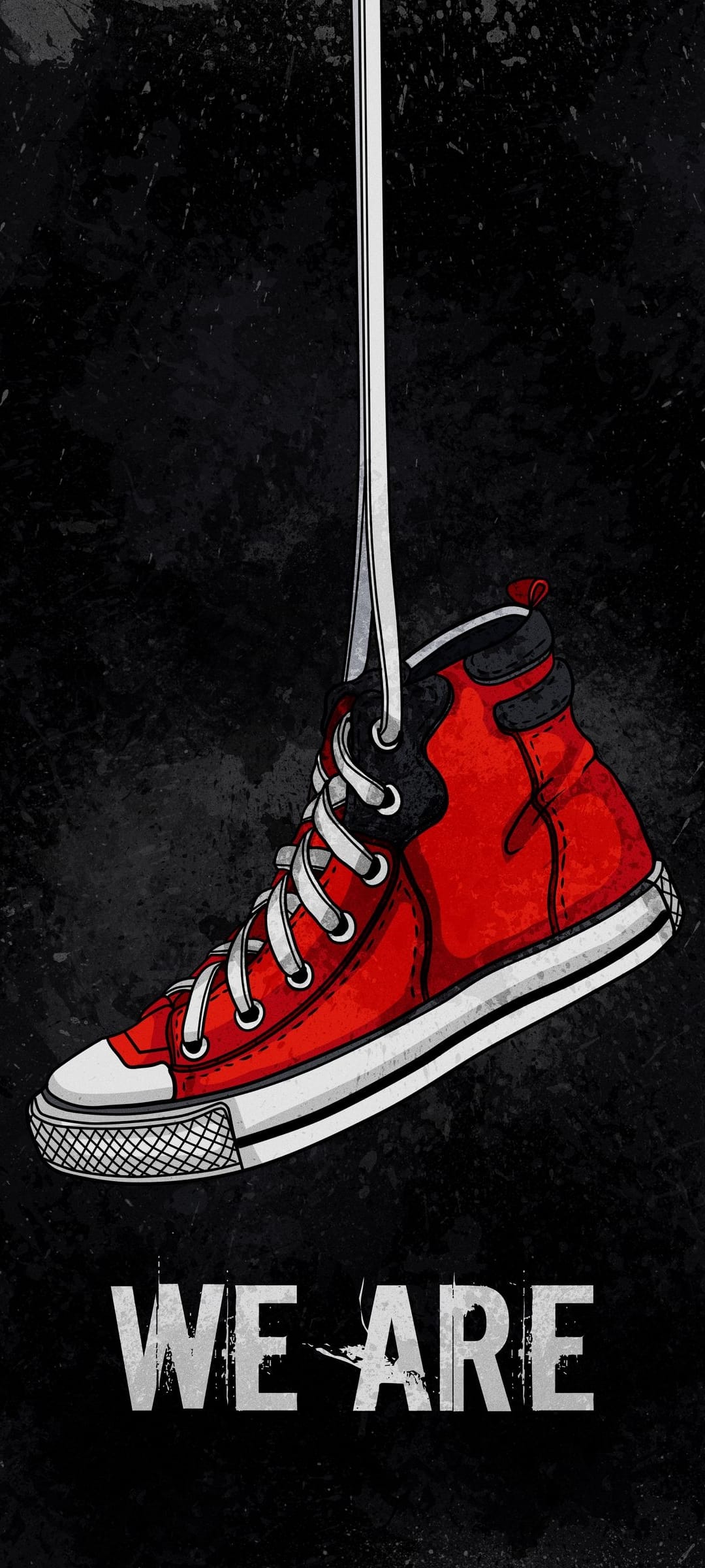 Red high-top sneaker suspended by white laces above bold WE ARE text against a dark textured background.