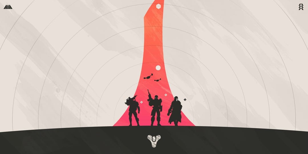 Three armored silhouettes stand on a rocky ridge before a massive glowing sun with radiant concentric circles.