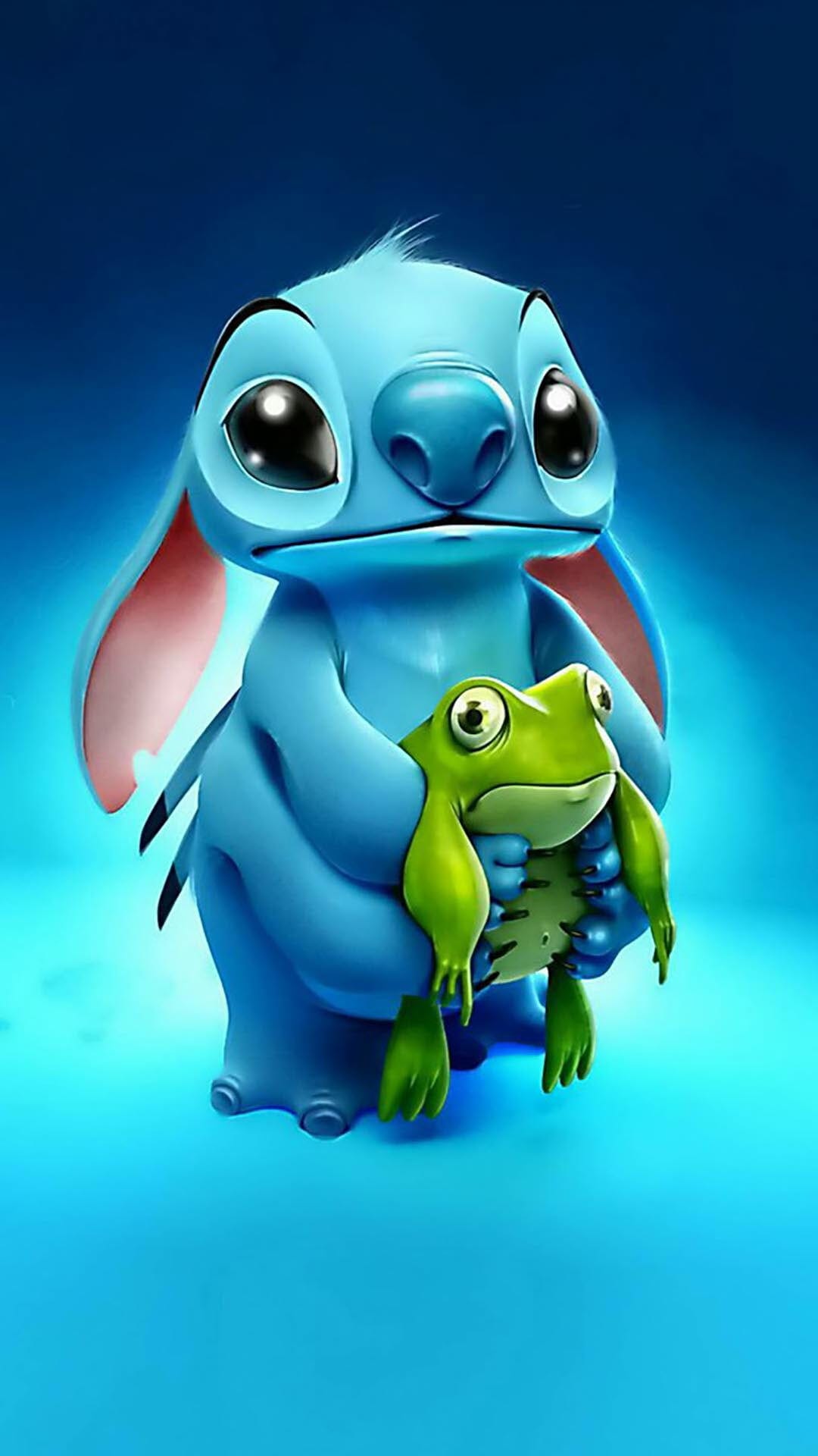 Stitch hugs a wide-eyed green frog against a solid blue backdrop with soft lighting and detailed 3D textures.