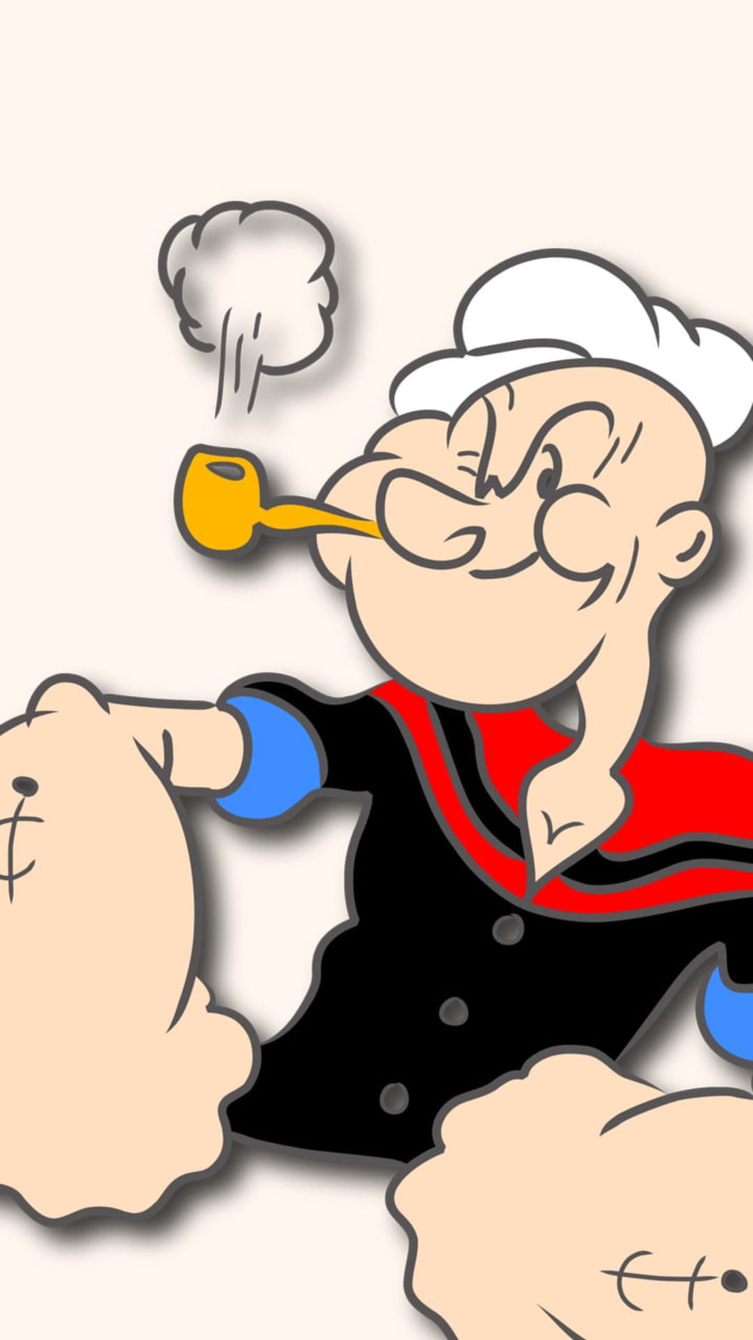 Popeye the Sailor Man with bulging muscles and an anchor tattoo smoking a pipe with thick clouds of grey smoke.