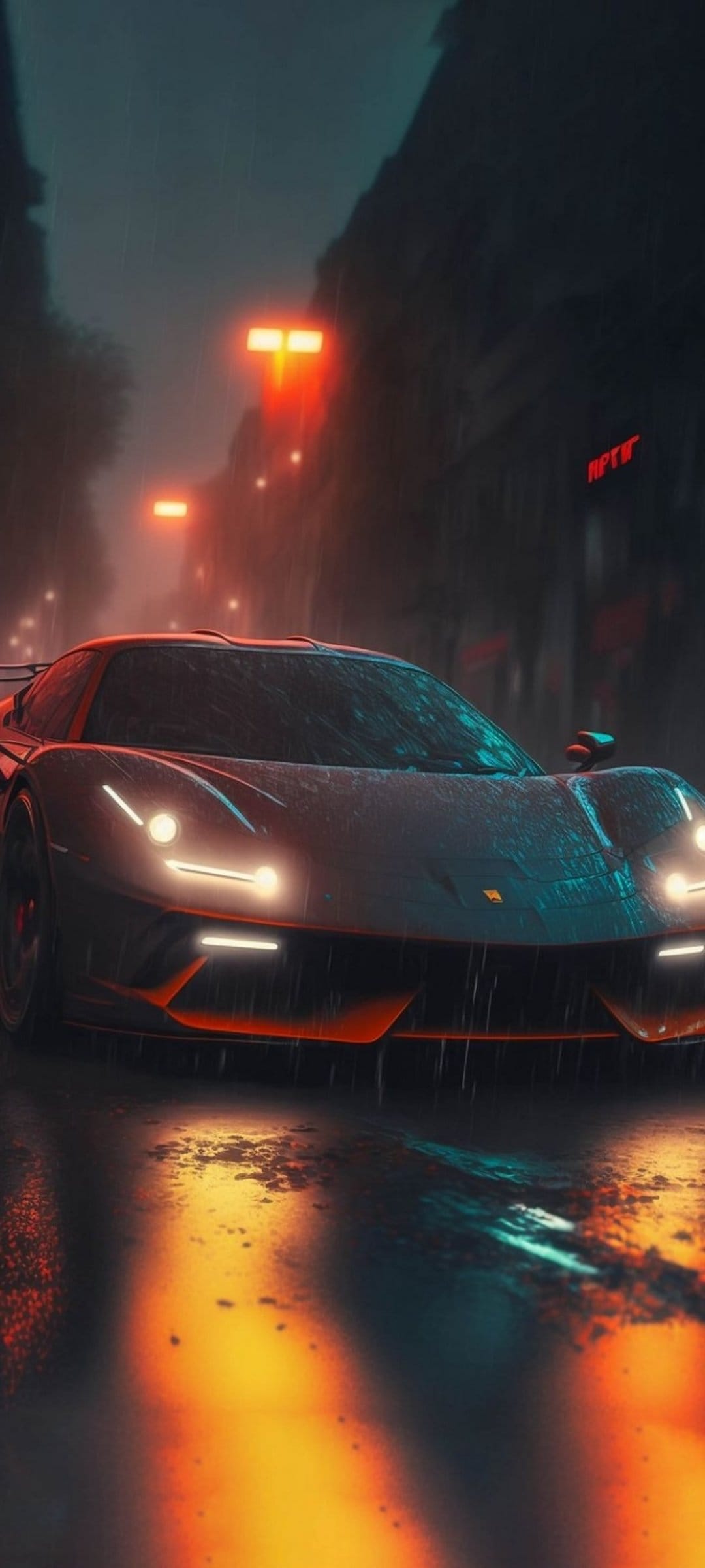 Red Ferrari sports car driving on a wet city street at night with neon light reflections and falling rain.
