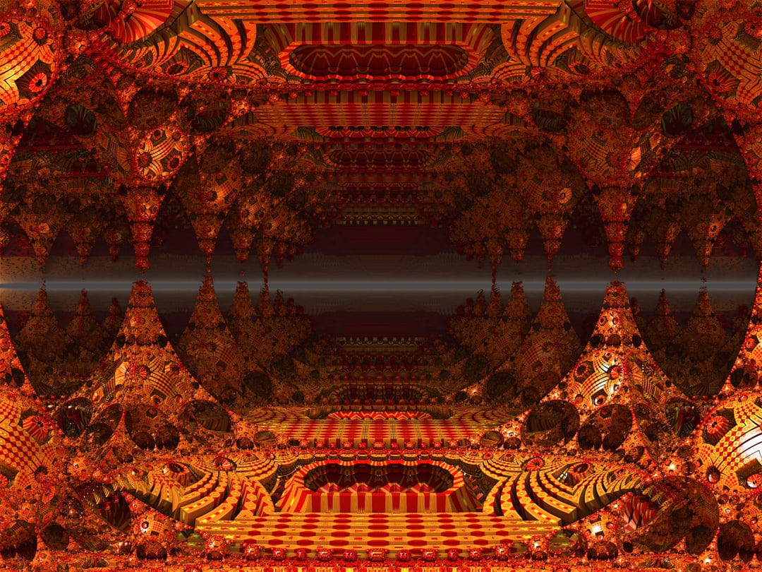 Fiery orange and gold fractal structures form a symmetrical, crystalline cavern with deep shadows and glowing light.
