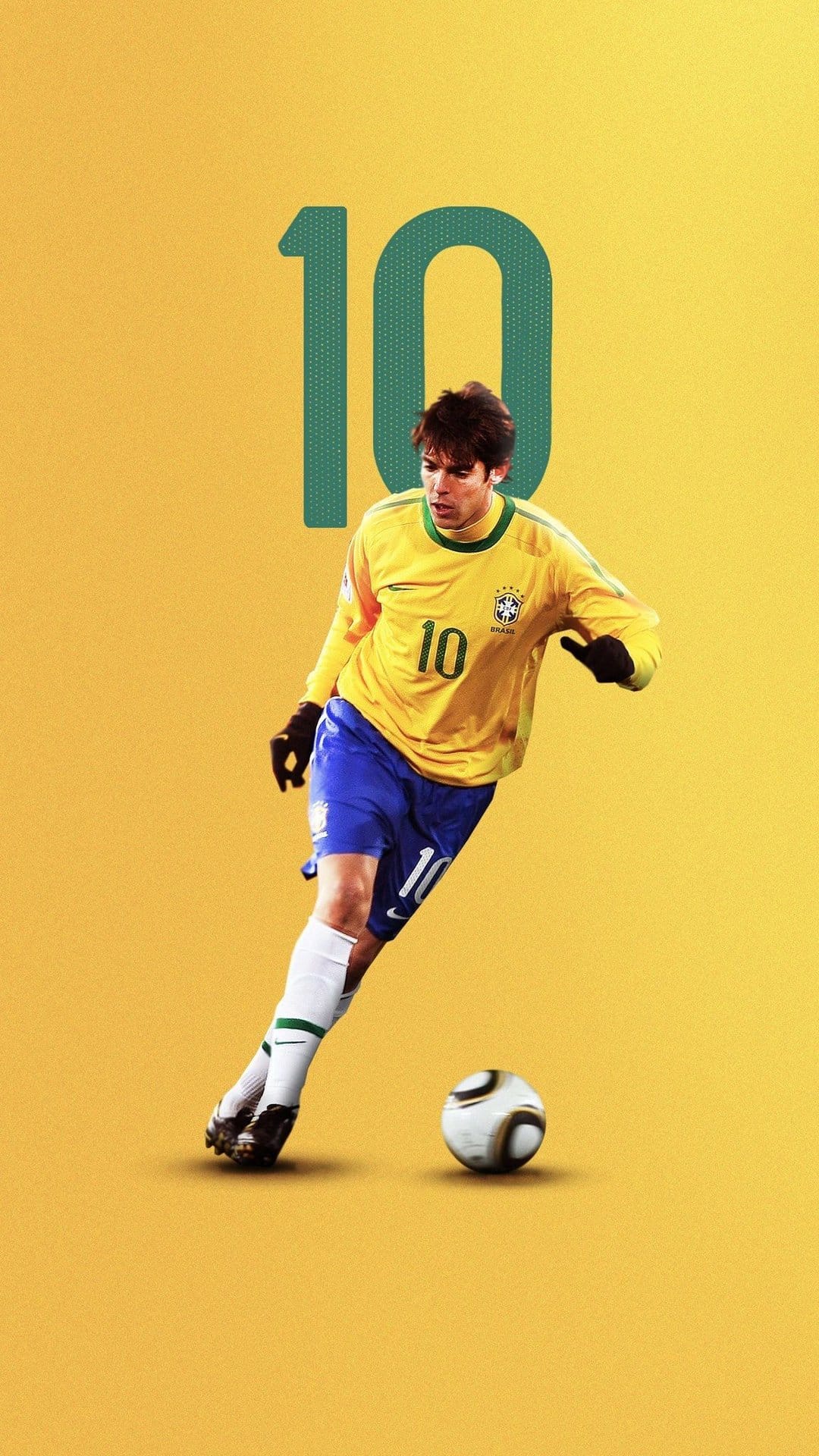 Kaká dribbles a soccer ball wearing a yellow Brazil kit with a large number 10 on a soft yellow background.