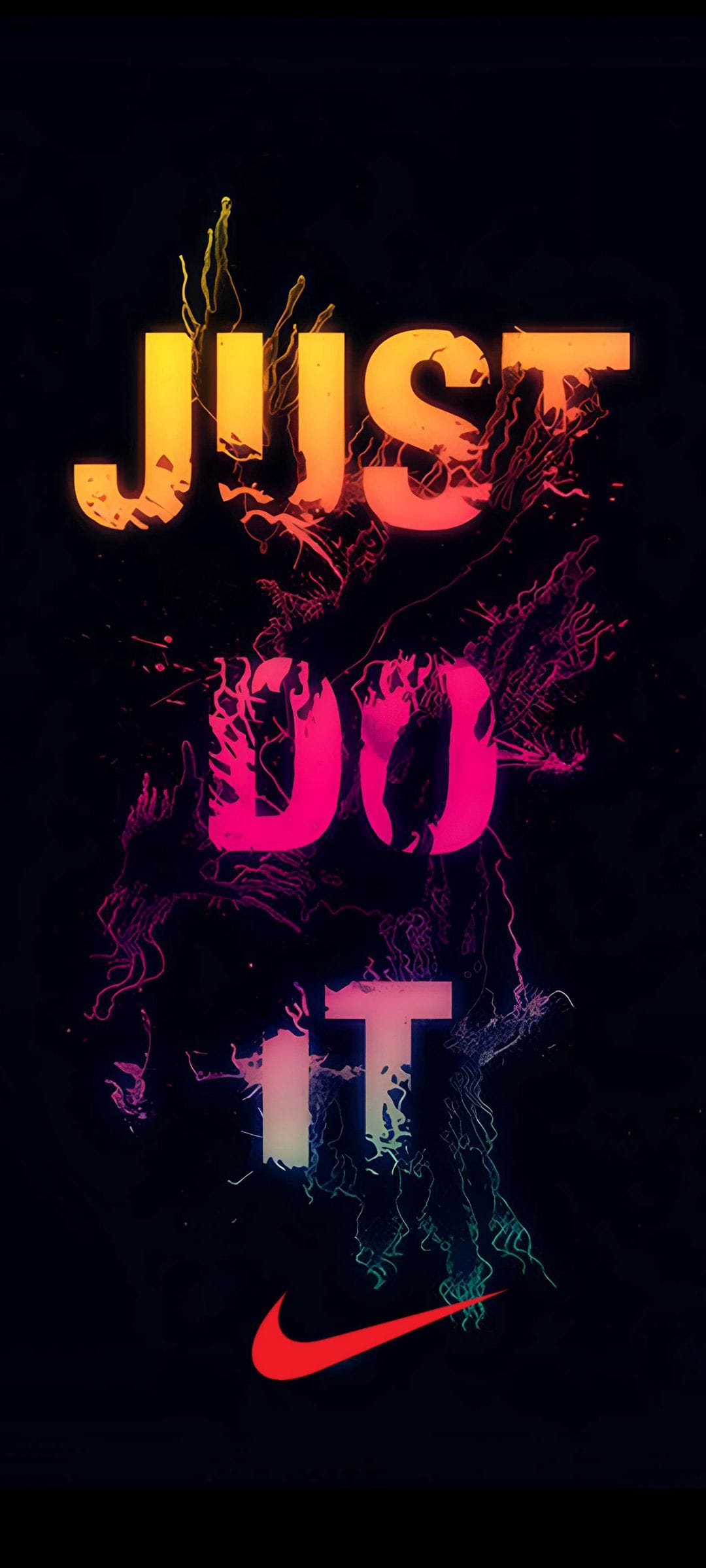 Nike Just Do It text in fiery gradients surrounded by colorful paint splatters and a red swoosh logo.