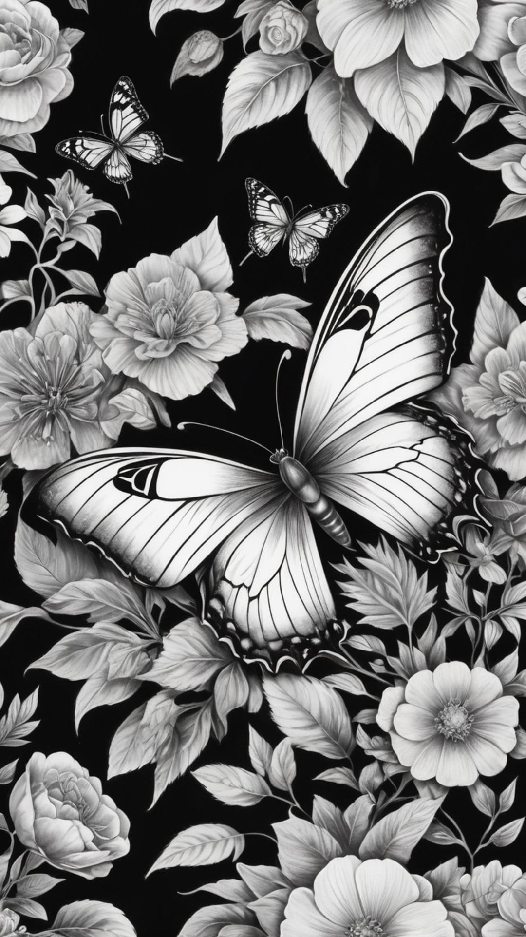 Butterfly with patterned wings rests on blooming flowers and leaves in a high-contrast black and white scene.