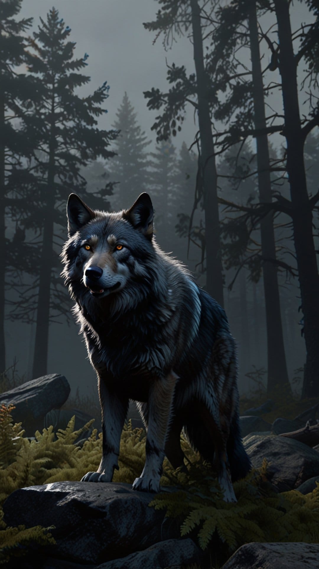 Gray wolf with glowing yellow eyes stands alert on a mossy boulder within a misty evergreen forest.