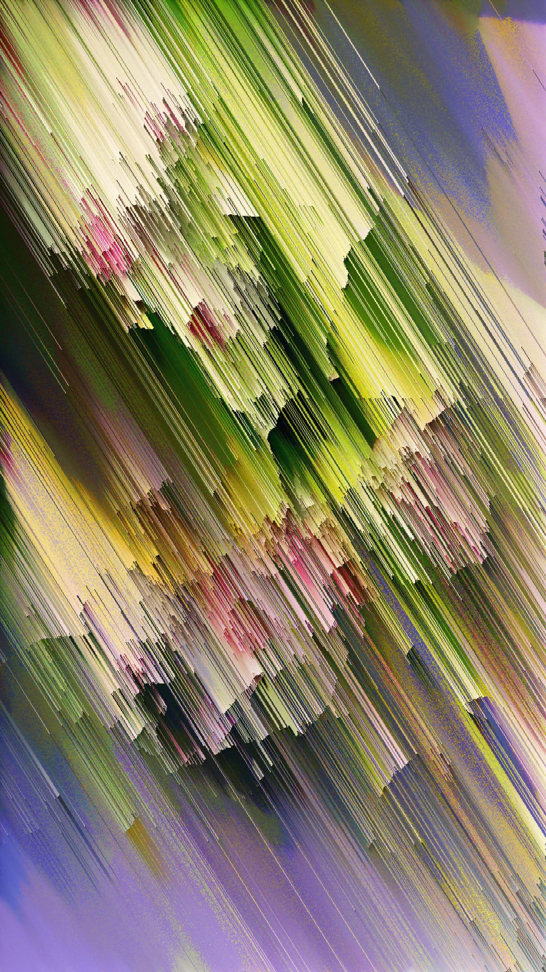 Pink and lime green flower petals fragmented by diagonal lines and pixelated shifts in a glitch aesthetic.