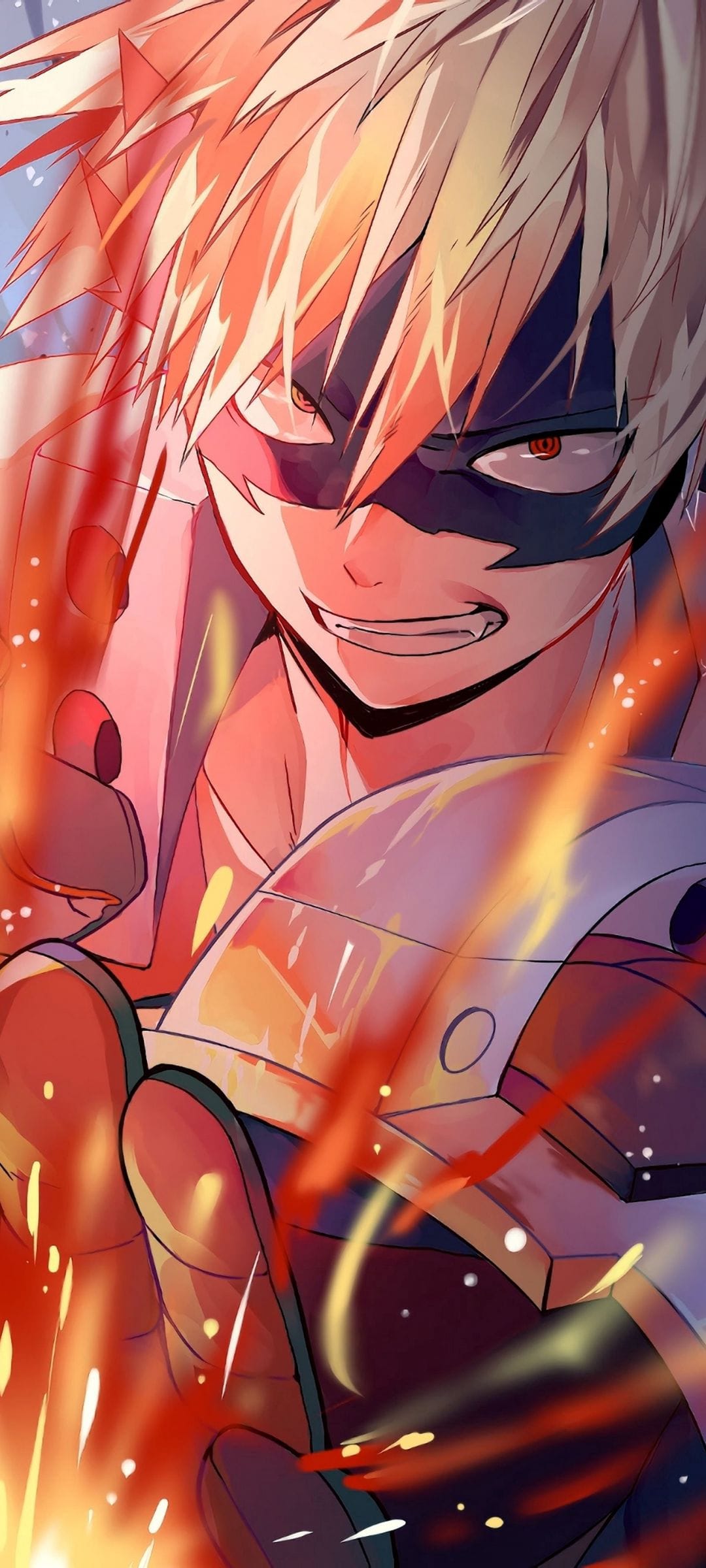 Spiky blonde anime character wearing a dark mask with glowing red eyes surrounded by orange flames and sparks.