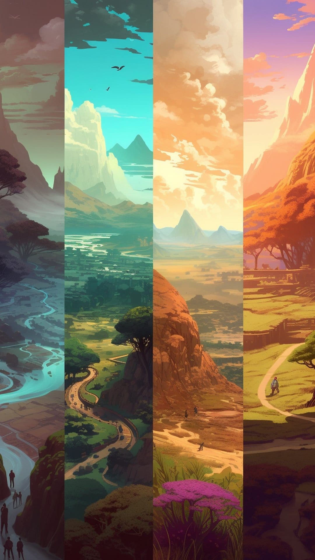 Winding blue rivers and misty green mountains transition into deep red canyons under a dramatic orange sky.