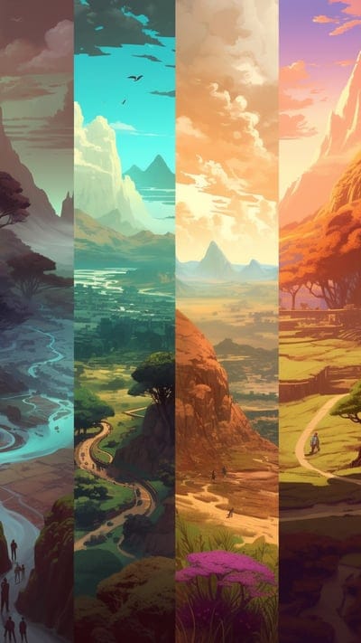 landscape,mountains,trees,stripes,collage,art