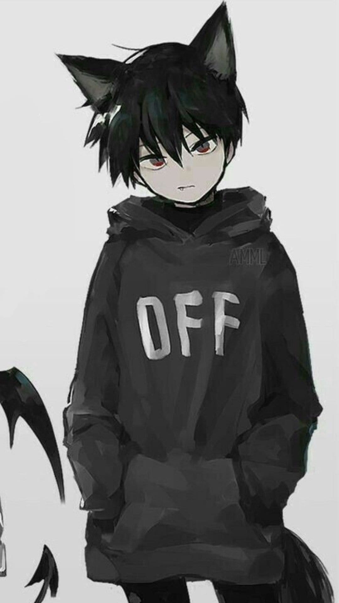 Black-haired neko boy with red eyes wears a dark hoodie labeled OFF against a light gray studio background.