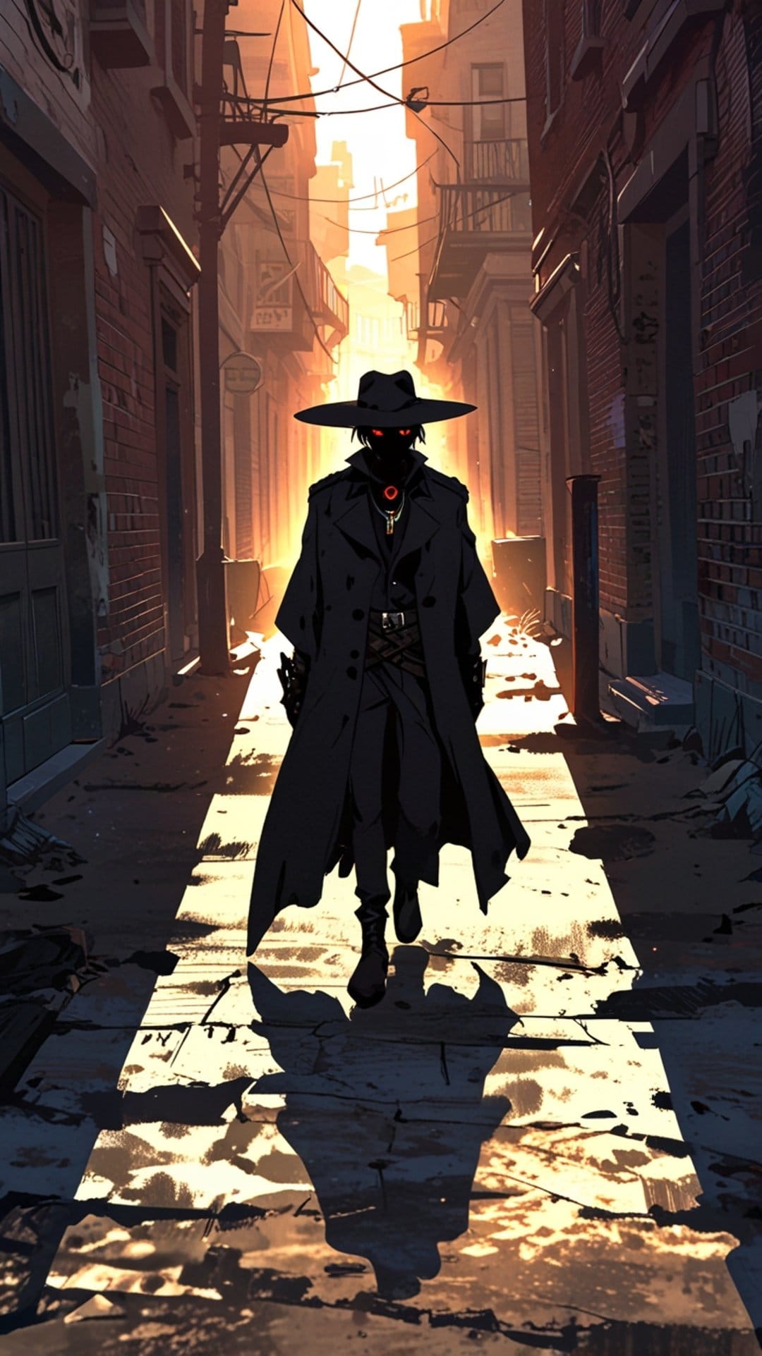 Shadowy figure with glowing red eyes wearing a trench coat walks down a brick alleyway during a vivid sunset.