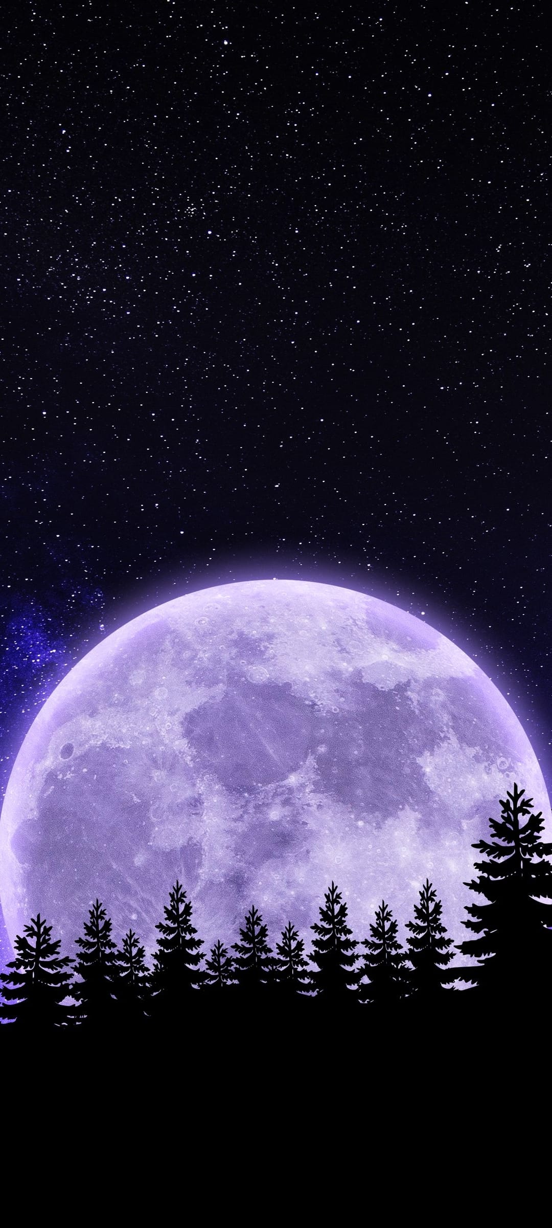 Luminous purple moon towers over silhouetted evergreen trees beneath a dense field of twinkling white stars.
