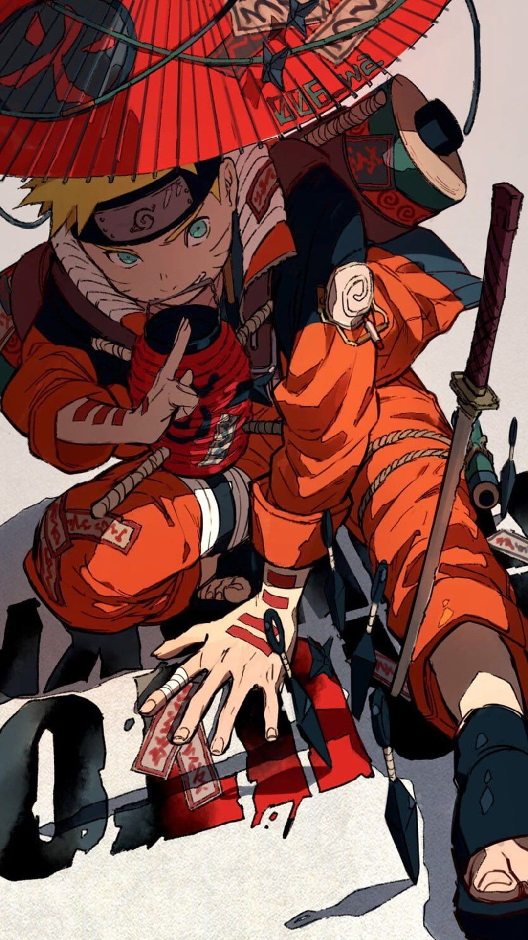 Naruto Uzumaki holding a katana and red umbrella while wearing his signature orange outfit in a dynamic pose.