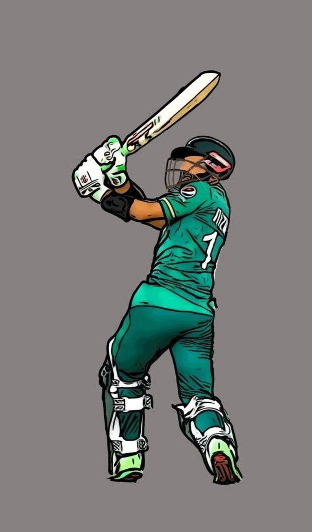 Mustafizur Rahman wearing a green Bangladesh jersey with number 7 holds a cricket bat high after a batting shot.