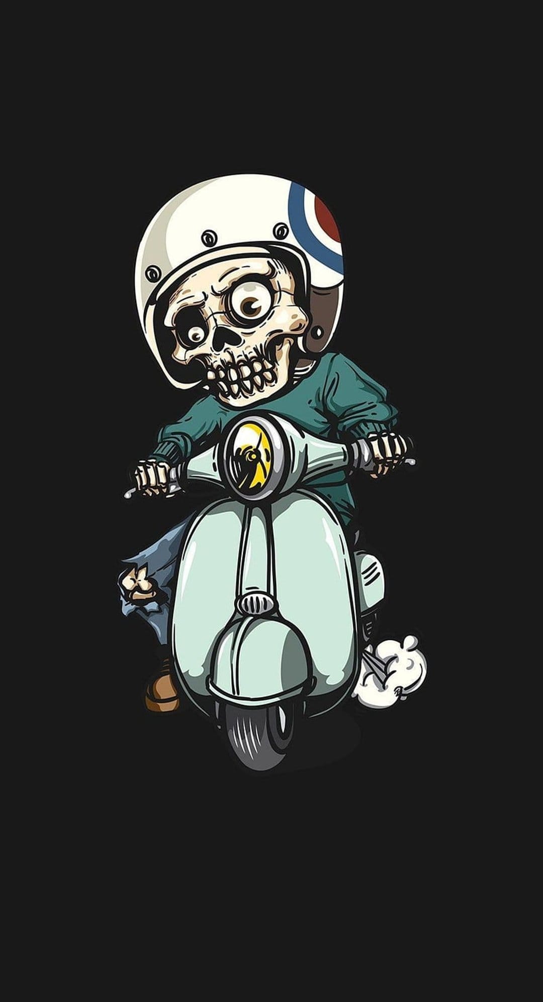 Skeleton wearing a target logo helmet rides a light blue vintage scooter against a solid black background.