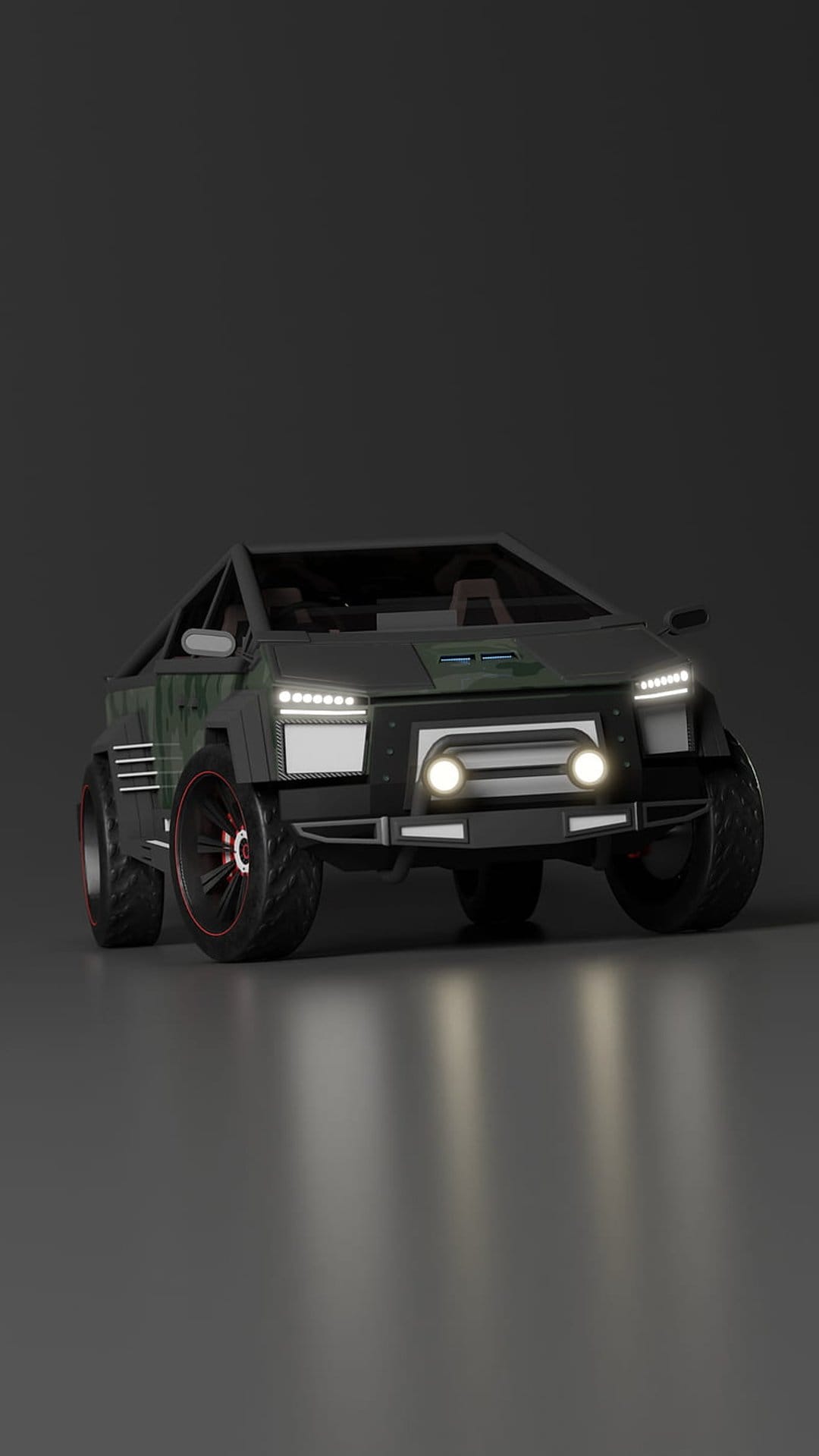 Armored off-road vehicle with dark camouflage plating, red-accented wheels, and aggressive tires in a studio.