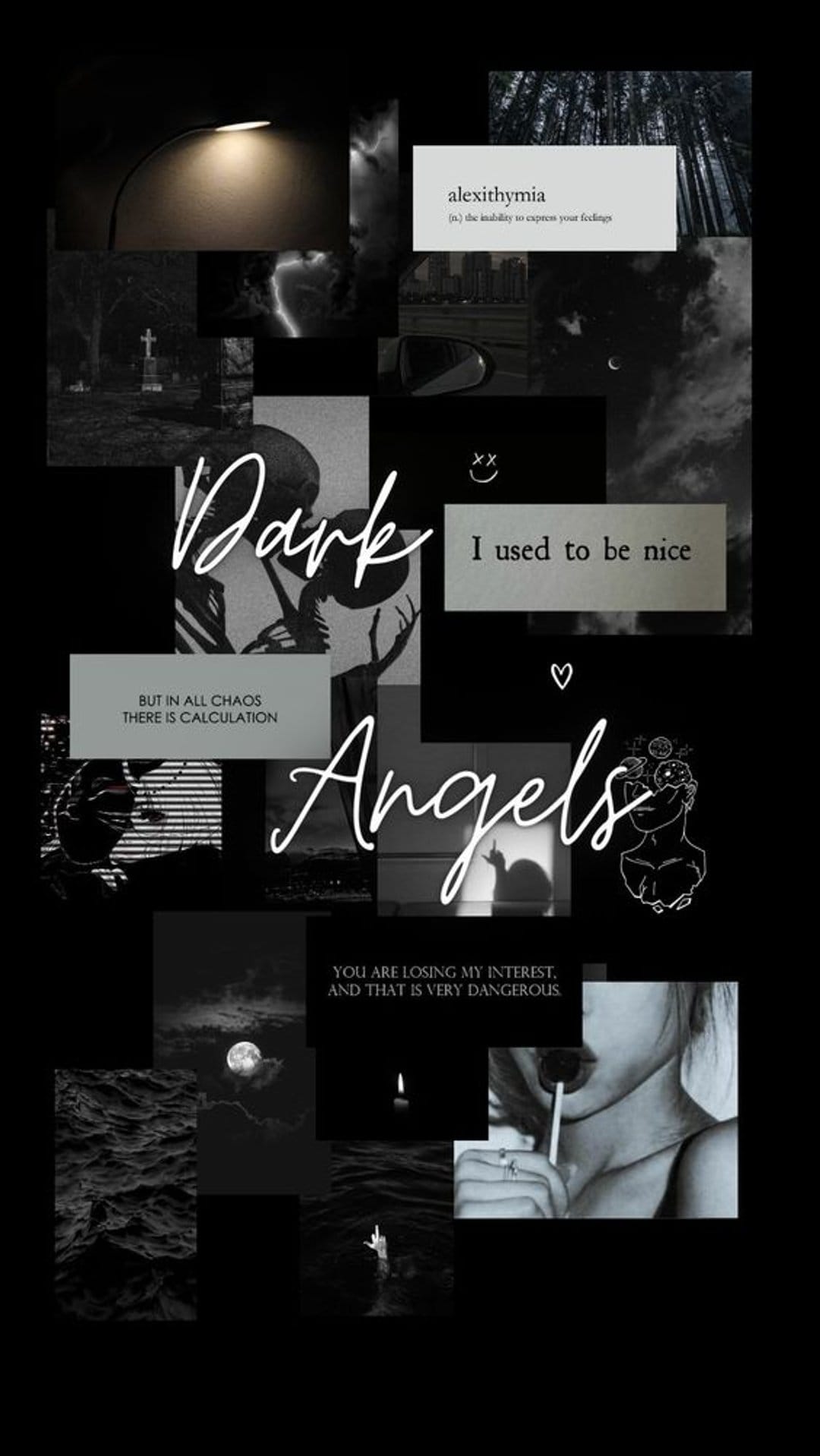 Dark Angels text overlays a gothic collage of a graveyard, crescent moon, and streetlamp under storm clouds.