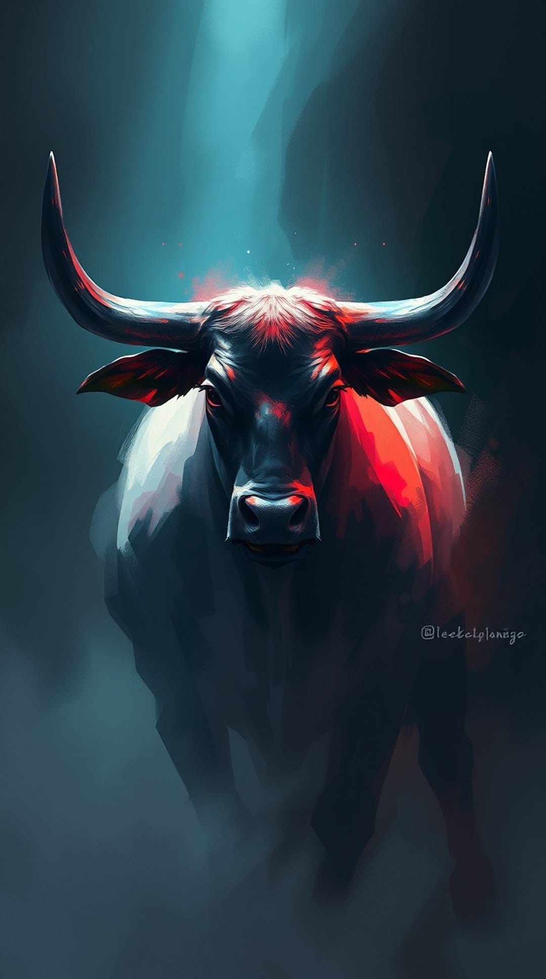 Bull head with sharp horns illuminated by glowing red and blue light against a pitch-black background.
