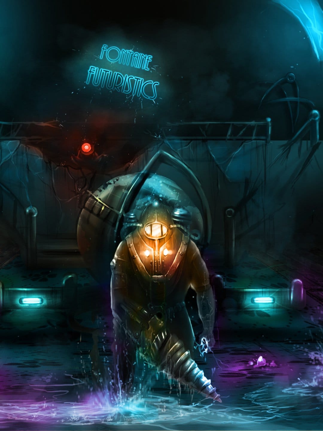 Big Daddy with glowing yellow helmet and drill arm in a dark underwater facility with neon signs and reflections.