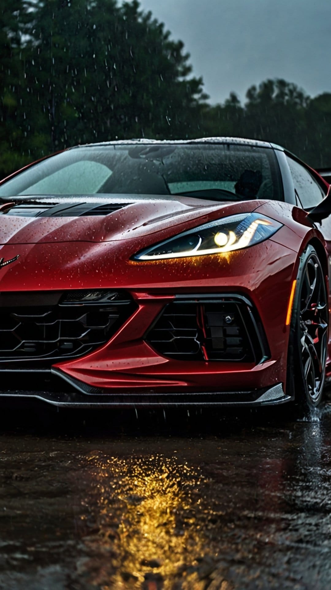 Red Corvette C8 sports car parked on wet asphalt during a rainstorm with vibrant reflections and glowing lights.