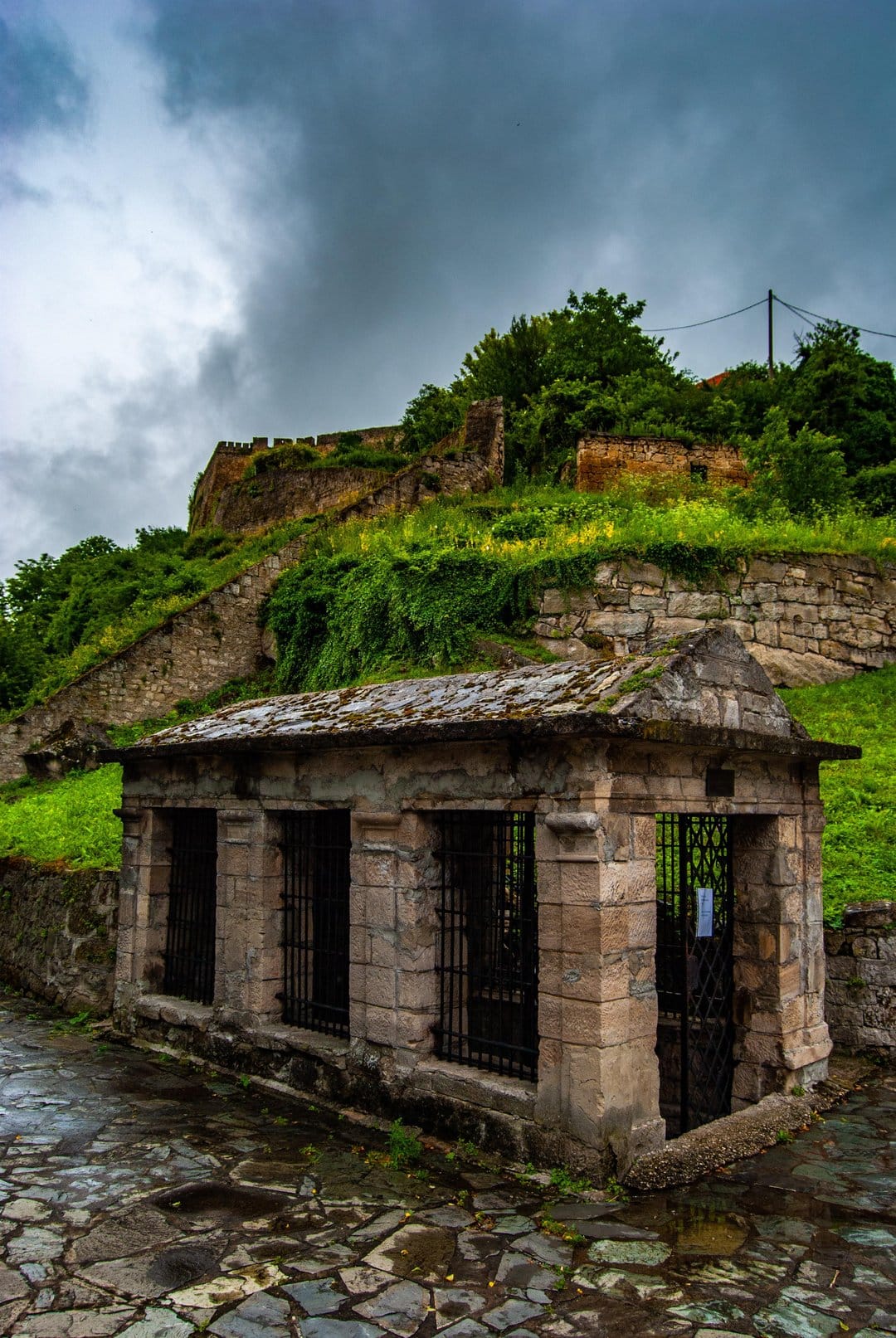 Weathered stone cellar with barred windows sits below a steep hill covered in green vines and ancient fortress walls.