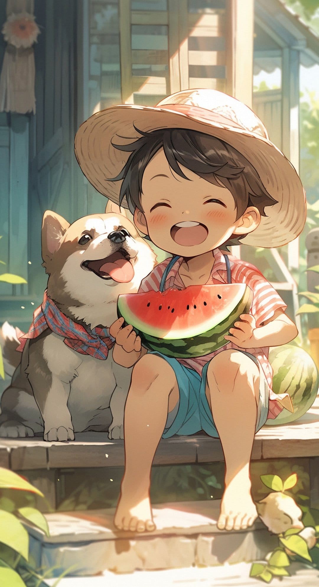 A young boy in a straw hat holds a watermelon slice next to a corgi dog on a sunny garden porch.