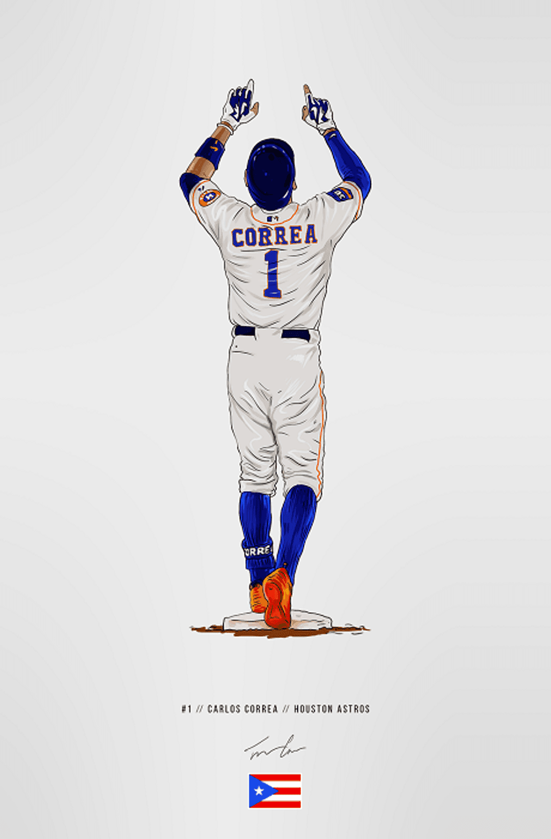 Carlos Correa stands on a base with arms raised, wearing a white Houston Astros jersey with the number one.