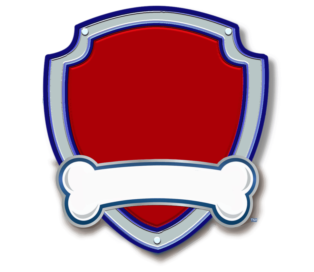 Paw Patrol logo emblem showcasing a red paw print inside a blue circle surrounded by a silver shield border.
