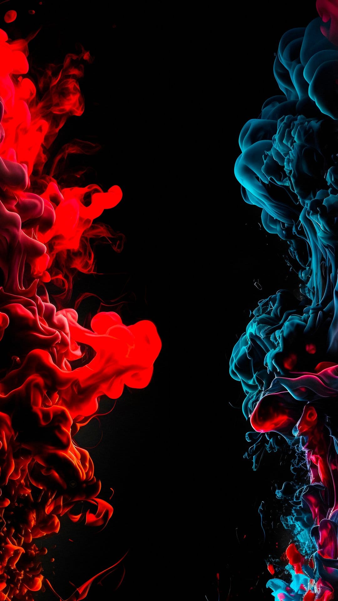 Swirling red and blue smoke plumes intertwine against a solid black background with intricate vapor textures.