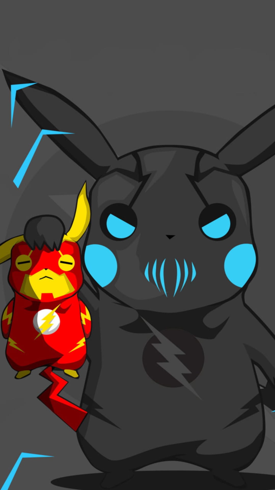 Pikachu with glowing blue eyes stands next to a small Pikachu wearing a red Flash superhero costume and mask.