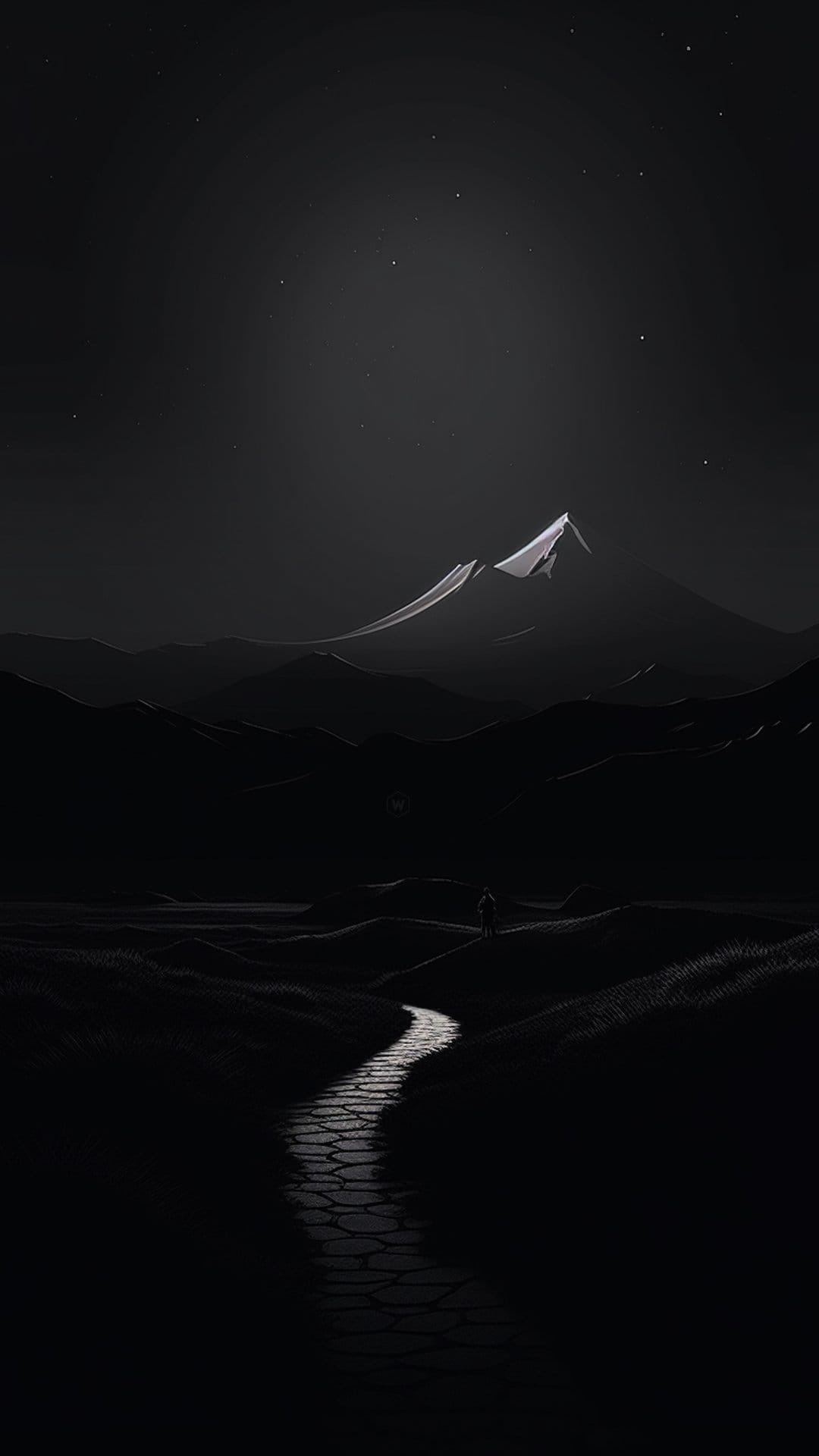 Silhouette of a lone person on a cobblestone path facing a massive snow-covered mountain under a starry sky.