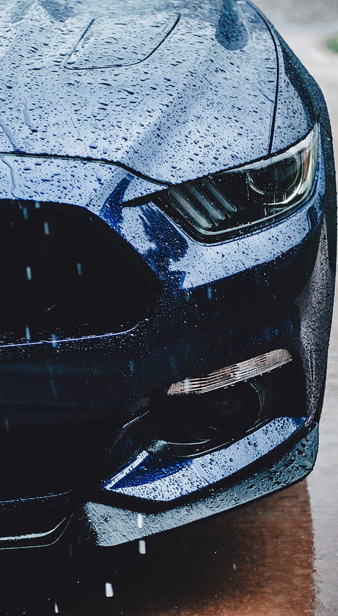 Dark blue Mustang hood covered in glistening water droplets with moody reflections during a night rain shower.