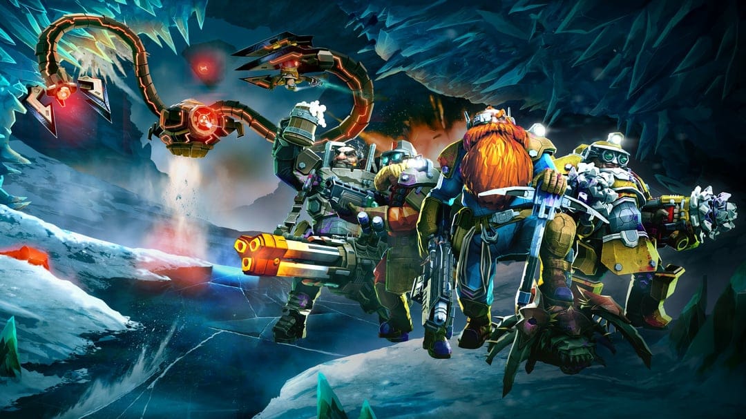Armored dwarf miners with heavy weapons posing in a glowing blue ice cave with robotic arms hovering nearby.