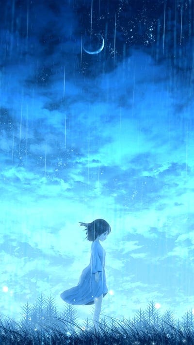 blue rain, ethereal, fantasy art, anime style, lone figure, girl, crescent moon, night, magical, serene, mysterious, digital art, illustration, atmospheric, glowing, peaceful, nature, sky, contemplation