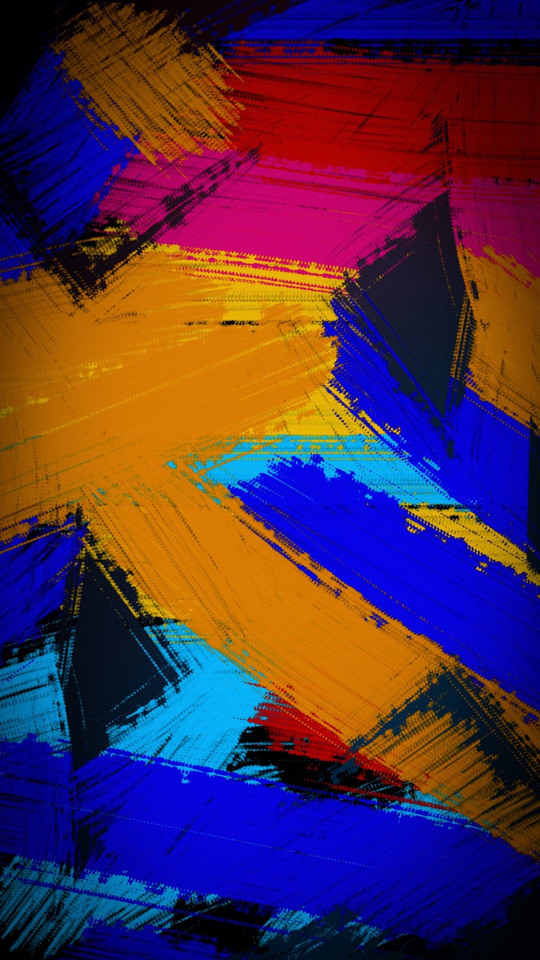 Bold cobalt blue and crimson red paint strokes intersect with black accents in a textured vertical composition.