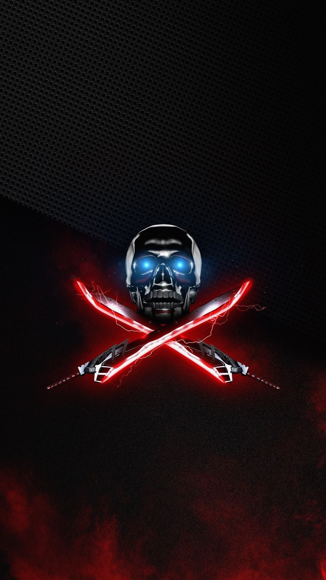 Metallic skull with glowing blue eyes and crossed neon red swords emitting electric sparks on a dark background.