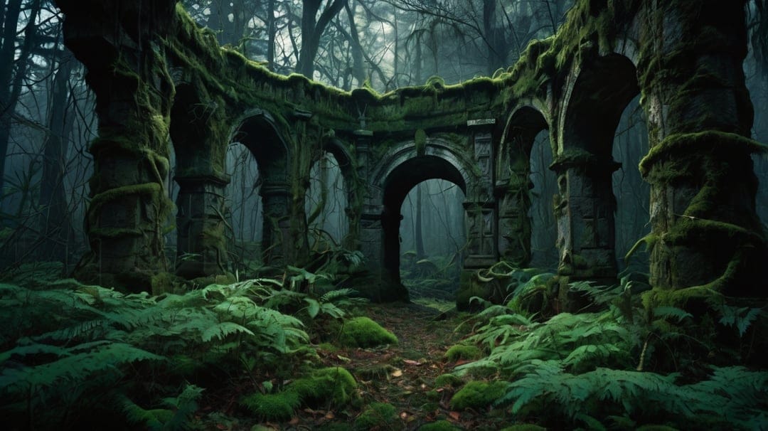 Stone arches covered in thick green moss and ferns stand within a foggy, dense forest during a quiet morning.