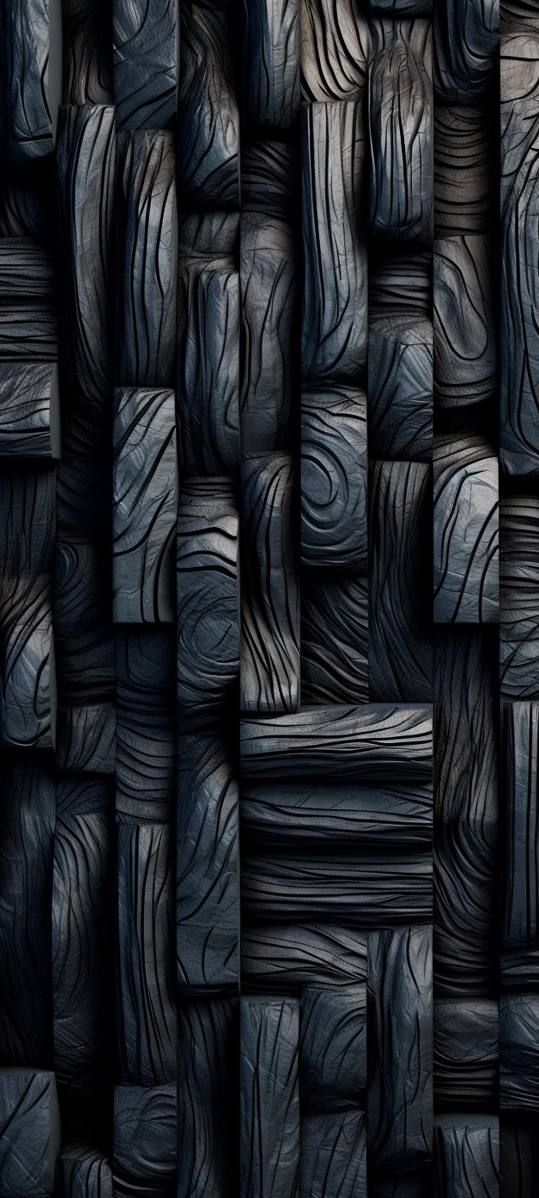 Dark gray wooden mosaic tiles with rough carved surfaces and visible grain patterns in a vertical layout.