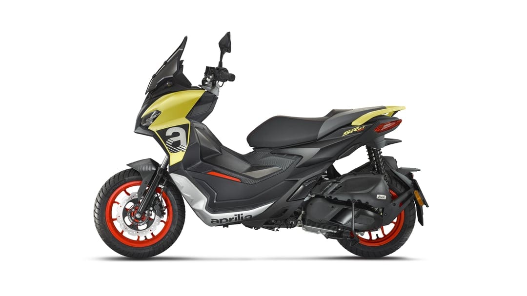 Aprilia SR GT 200 scooter in acid gold and black with red wheels shown in profile on a white background.