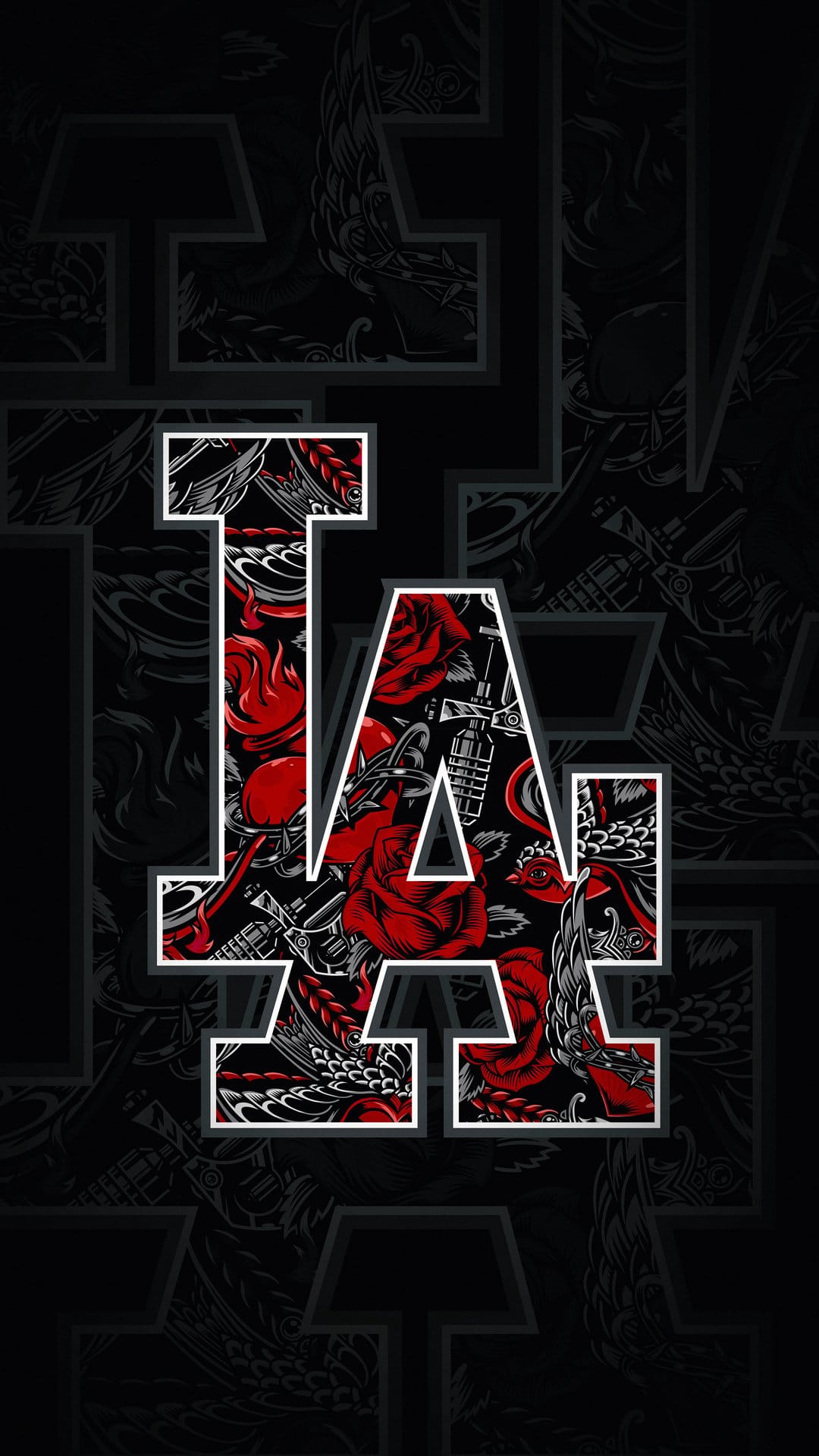 LA letters in calligraphy style filled with blooming red roses and black flame patterns on a dark background.