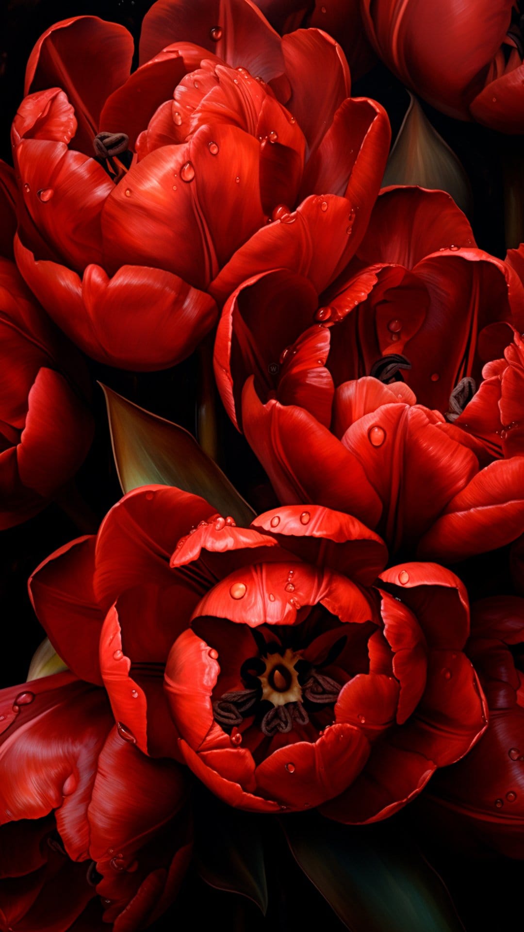 Red tulip petals with water droplets stand out against a dark background in a sharp, vertical close-up shot.