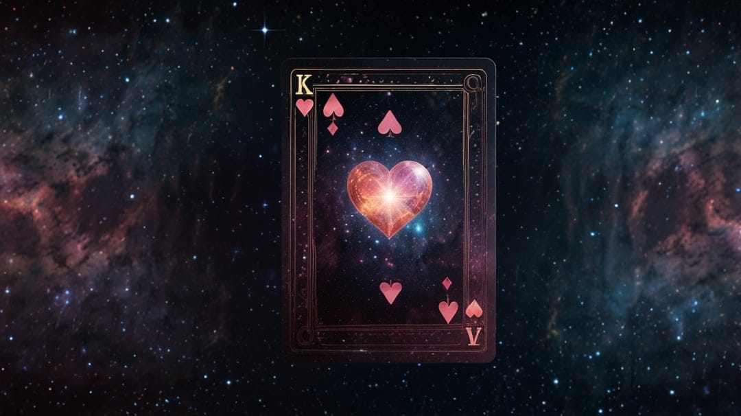 King of Hearts playing card with a glowing center floating in a purple and pink cosmic nebula with distant stars.