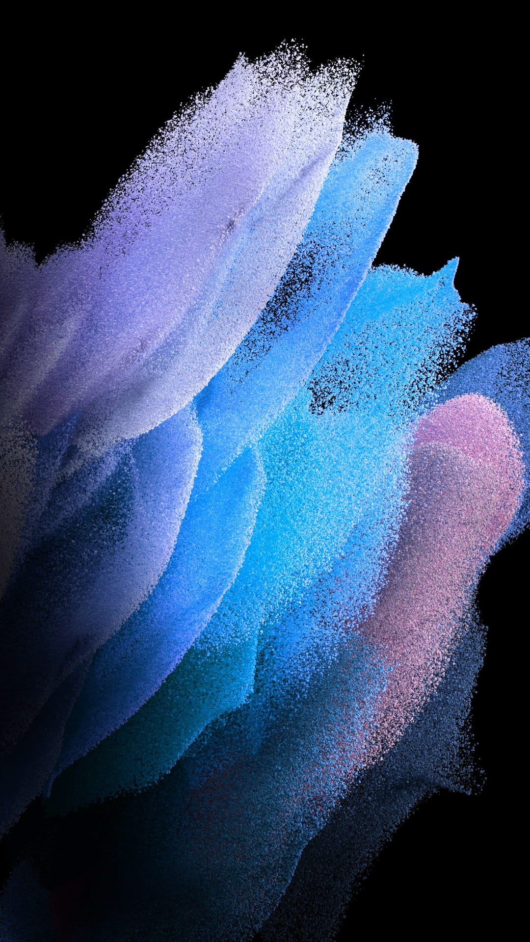 Luminous purple and blue powder swirls drift across a dark backdrop with fine particulate textures and soft mist.