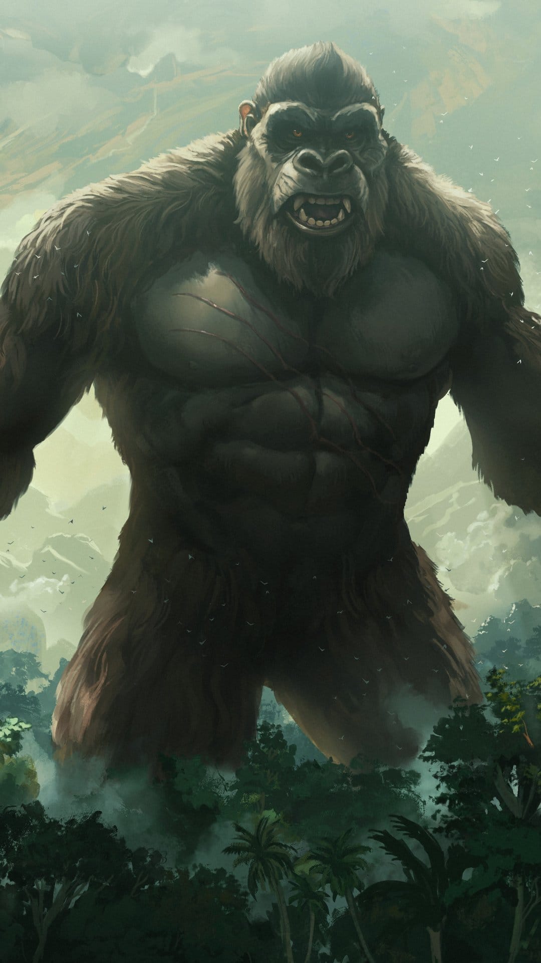 Giant gorilla with glowing red eyes roars above a misty jungle canopy as small birds fly in a hazy sky.