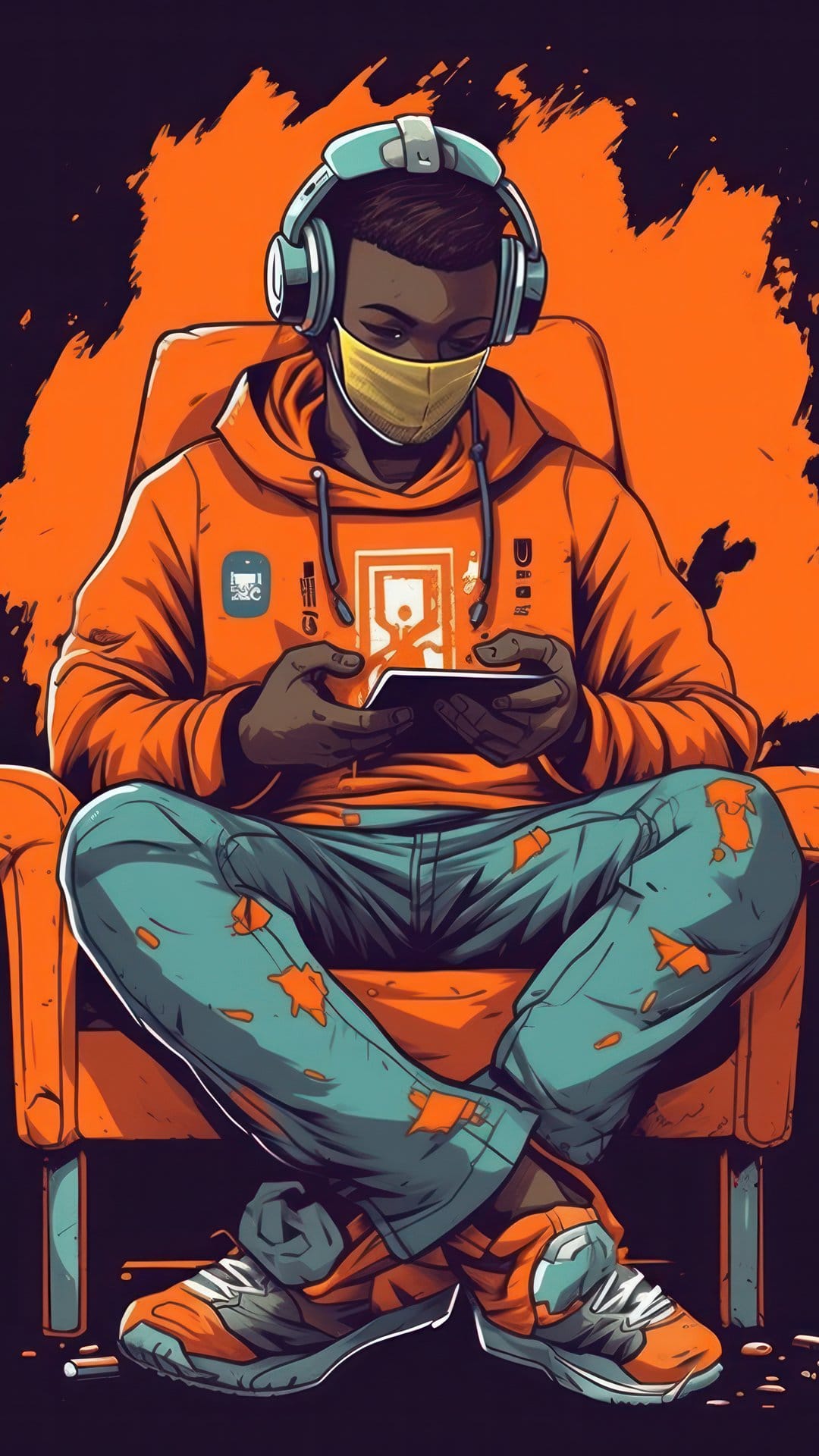 Young Black person with a yellow mask and headphones plays on a tablet while sitting in a bright orange chair.