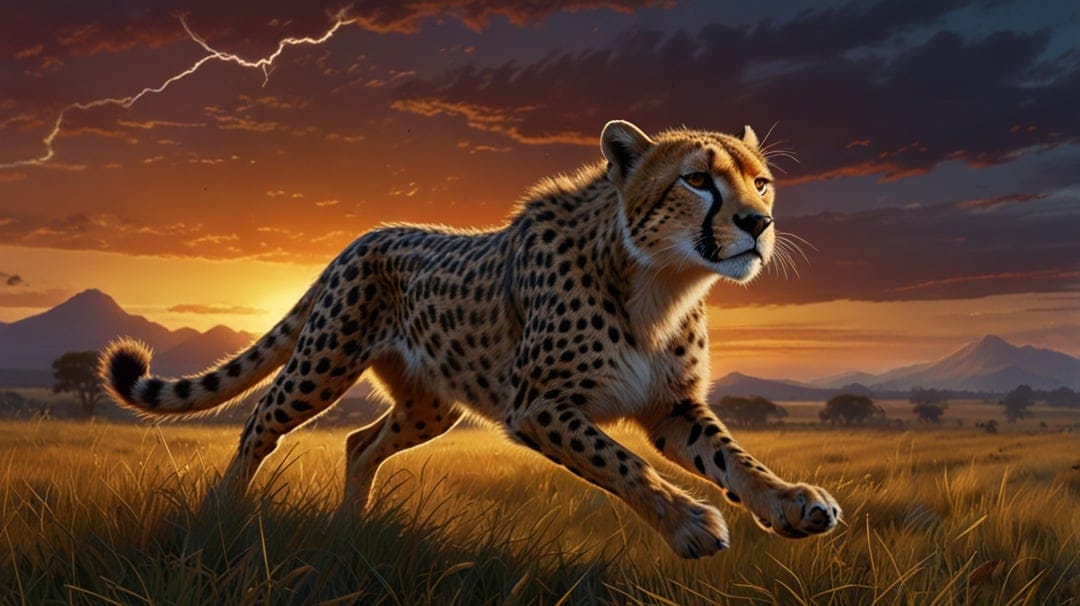Cheetah running across tall grass during a golden sunset while lightning streaks through dark storm clouds above.