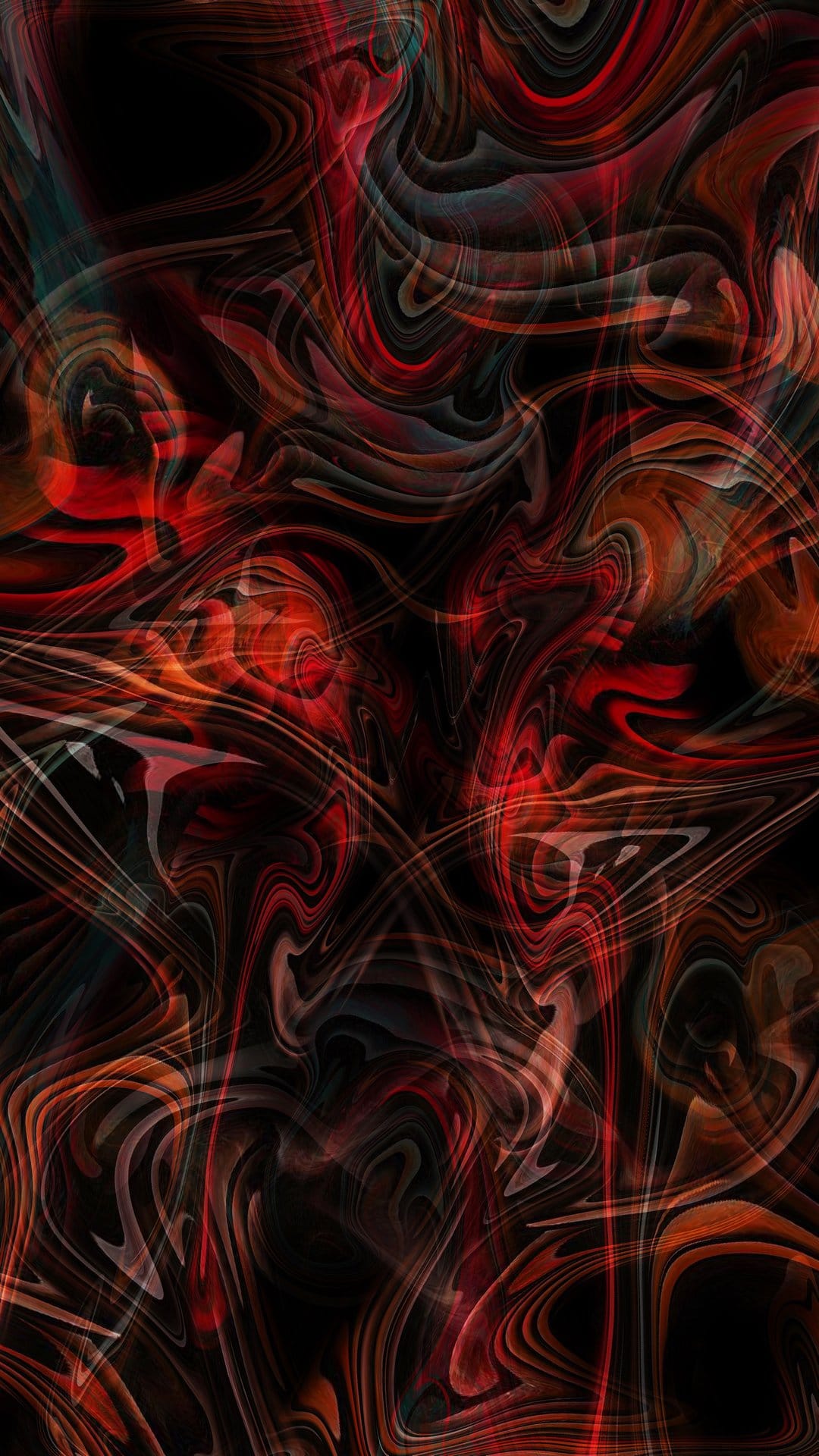 Crimson fluid swirls and dark smoke patterns intertwine with subtle teal highlights in a vertical composition.